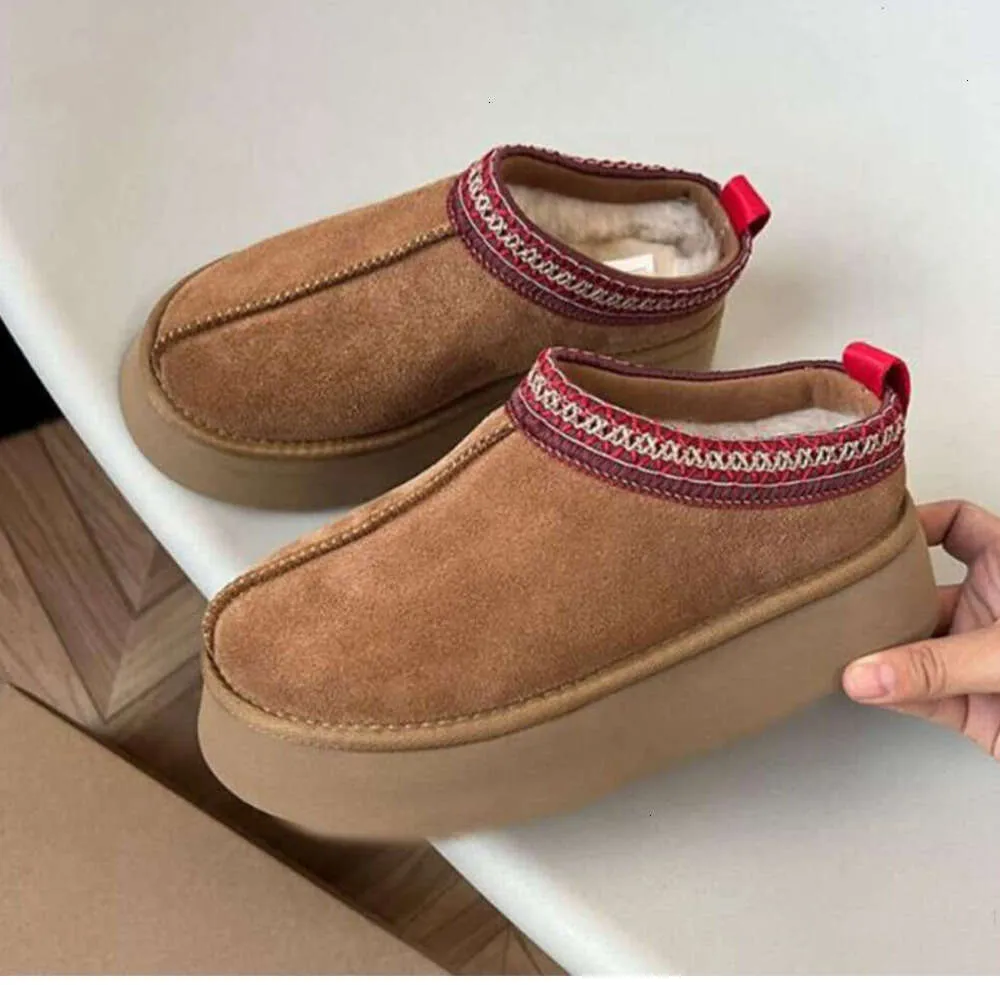 Tasman 1ugglie-05 Sippers Kestane Kürk Slaytlar Koyun Dinini Shearling Tazz Yeni Katırlar Kadın Erkekler Ultra Mini Platform Önyükleme Slip-On Ayakkabı Süet Üst Konfor Sonbahar Kazanıyor