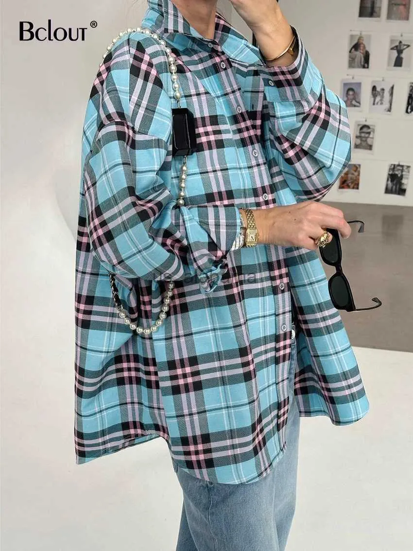 Women's Blouses Shirts Bclout Fashion Pink Plaid Shirts Blouses Women Elegant Blue Long Sleeve Oversize Shirts Casual Party Loose Blouses Street 2024 YQ231214