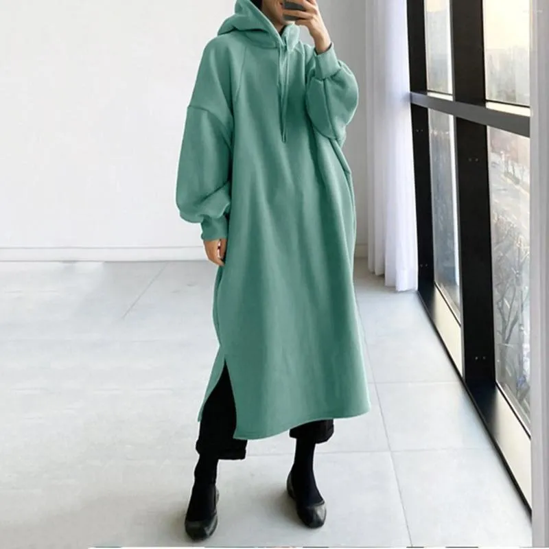 Casual Jurken Oversized Hoodie Voor Dames 2023 Onregelmatige Zoom Polyester Dames Sweatshirt Met Trekkoord Capuchon Maxi Effen Lange Jurk