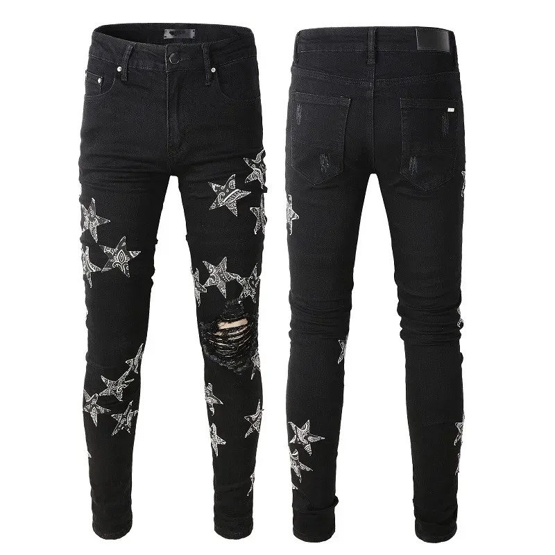 Mens Jeans Angel Print Rip Slim Fit Skinny Star Man Calças Streetwear para Jovens Rapazes Biker Denim Stretch Cult Stretch Motocicleta Perna Reta