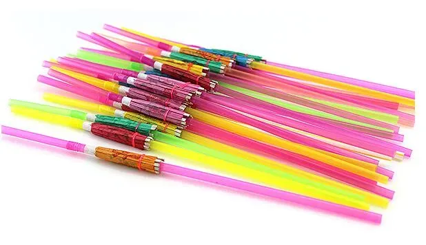 Wholesale- 9.4'' 24cm eco-friendly solid color plastic drinking straws with paper umbrellas Cocktail straws