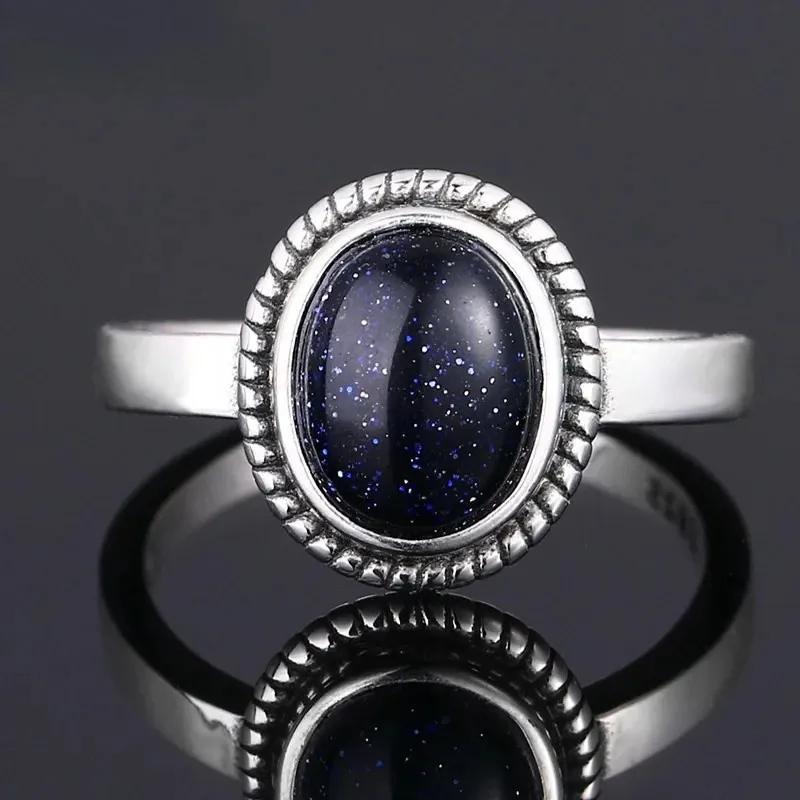 Anneaux de mariage 925 bague en argent sterling naturel 8x10MM ovale bleu grès anneau hommes cadeau bijoux de luxe en gros 231213