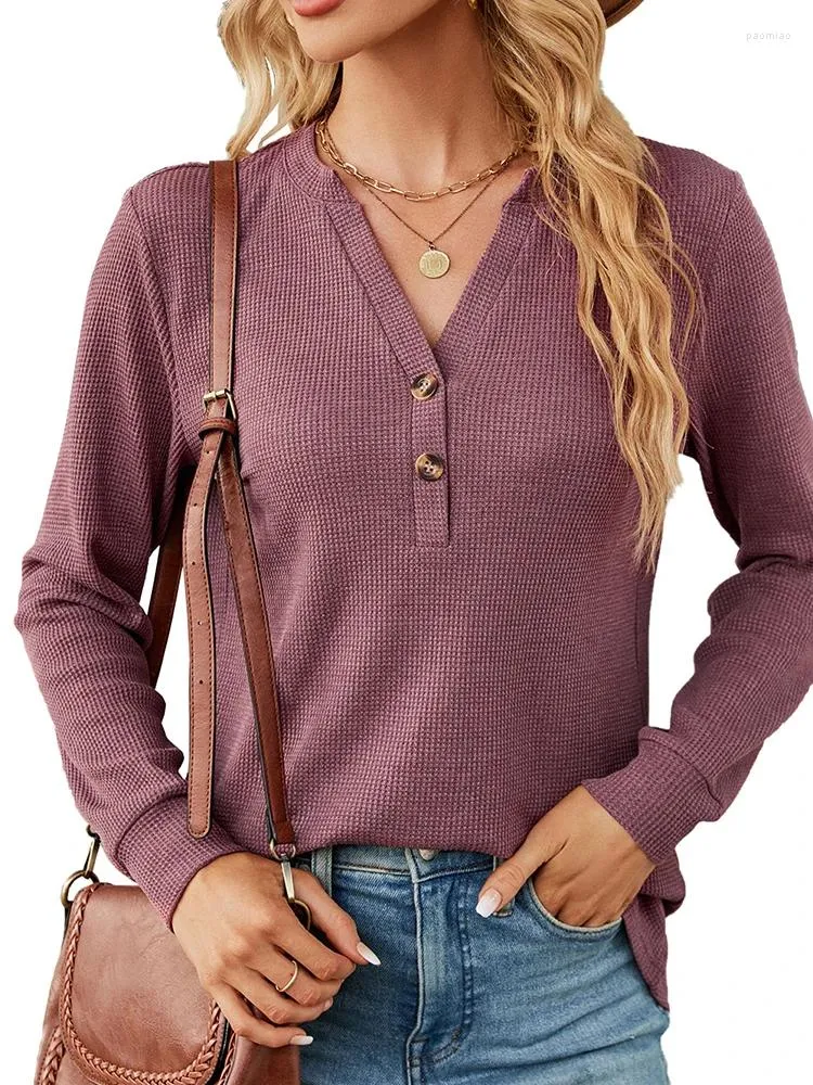  Famulily Ladies Clothes Waffle Knit Tunic Tops Long Sleeve V  Neck Loose Soft Shirt