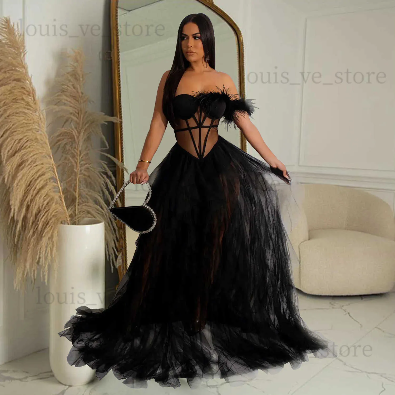 Urban Sexy Dresses Beautiful Ruffles Chffion Party Feather Maxi Dress Elegant Sheer Mesh Corset Long Party Dress Gowns Birthday Outfits T231214