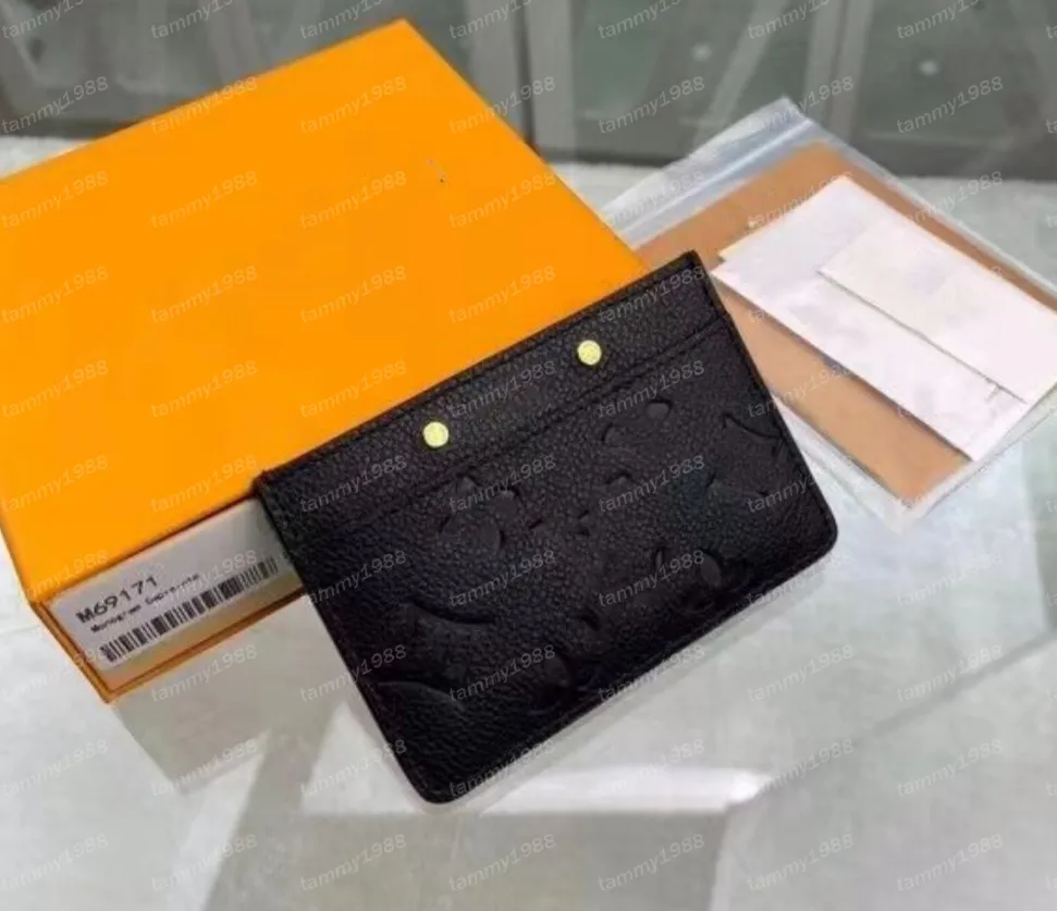 Titular do cartão preto em relevo com caixa laranja Coin Bolsas Chave Bolsa Titulares de Couro Genuíno Bolsa CLES Designer Womens Mens Chave Titular do Cartão de Crédito Mini Carteira Bag 69171