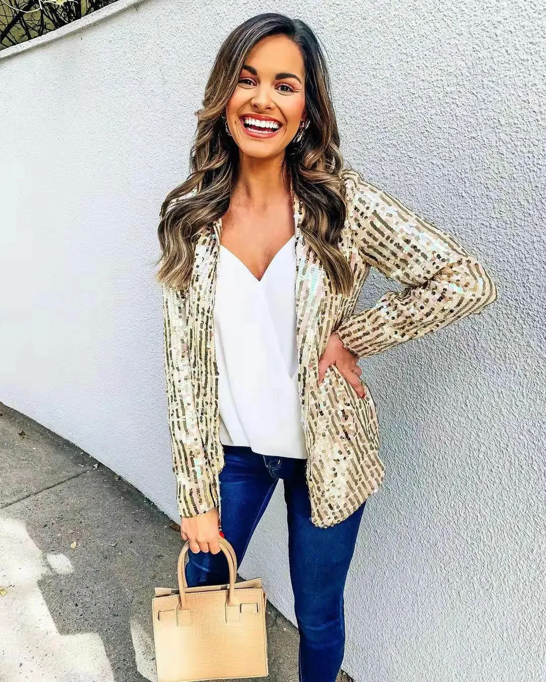 Blazer à paillettes pour femme - Veste tendance avec paillettes - Cardigan uni - Cardigan léger - Grandes tailles - Veste d'automne à manches longues - Revers - Longblazer - Streetwear pour