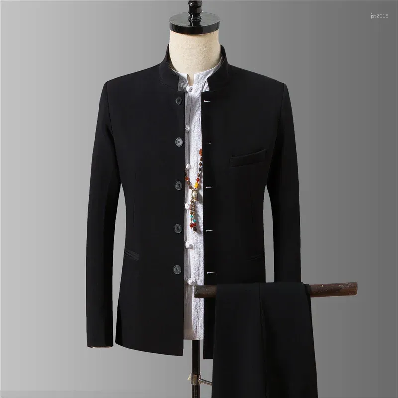 Men's Suits 2023 Fashion Suit Boutique Chinese Style Stand Collar Single Breasted Blazer And Pant Black Gray Blue Male 2 Piece Set