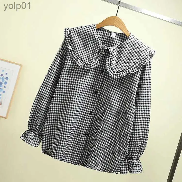 Dames Blouses Shirts 2023 Lente Nieuwe Zoete Kant Peter Pan Kraag Vintage Plaid Schattig Bloemblaadje Volledige Sle Harajuku Shirt Vrouwen blouse Shirt K144L231214