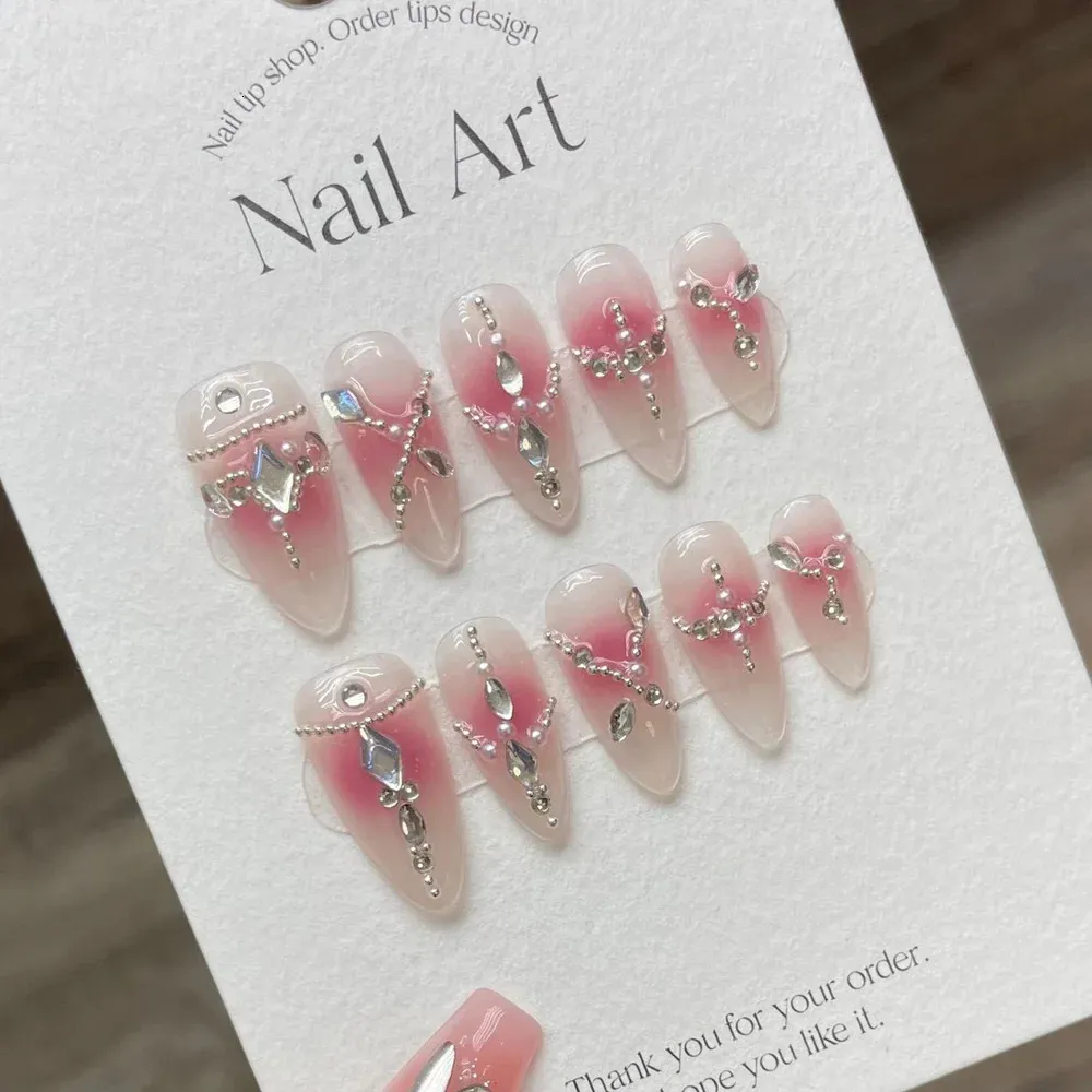 False Nails Handmade Almond Press on Nails French Design Medium-length Adhesive Fasle Nails Acrylic Full Cover Nail Tips Nail Art Manicure 231214