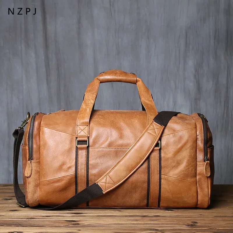 Duffel Bags NZPJ Couro Retro Homens Saco de Viagem Ombro Mensageiro Casual Mochila Camada Superior Couro Grande Capacidade Bagagem Bolsa Bolsa 231214