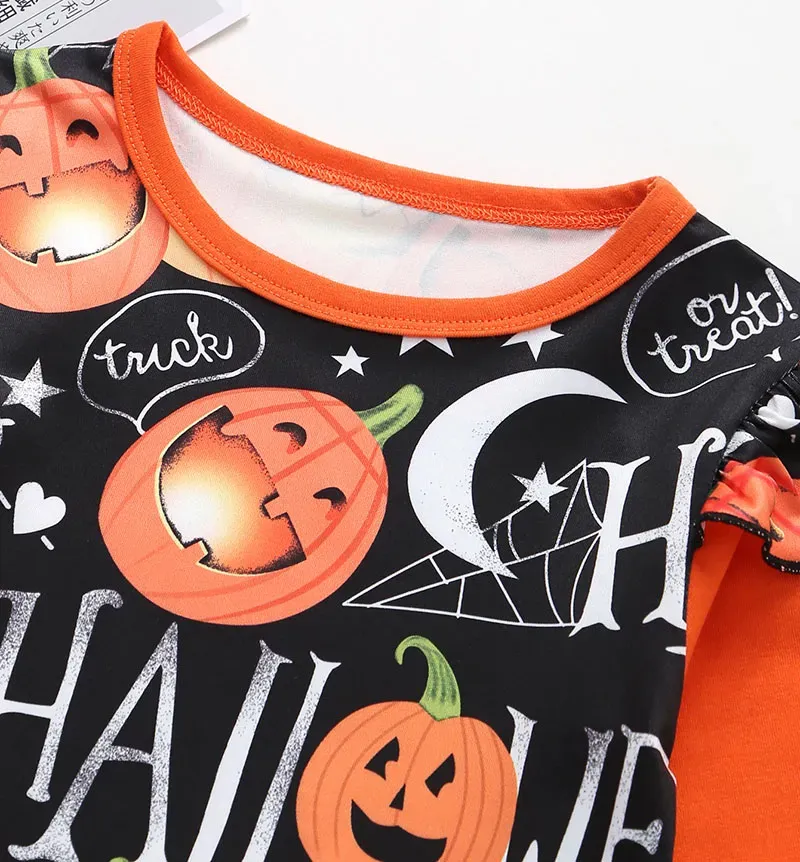 Baby Girls Small Flying Sleeve Dresses Halloween Kids Pumpkin Ghost Letter Long Sleeve A-Line Dress Outfits Kids Deisgner Clothing M325