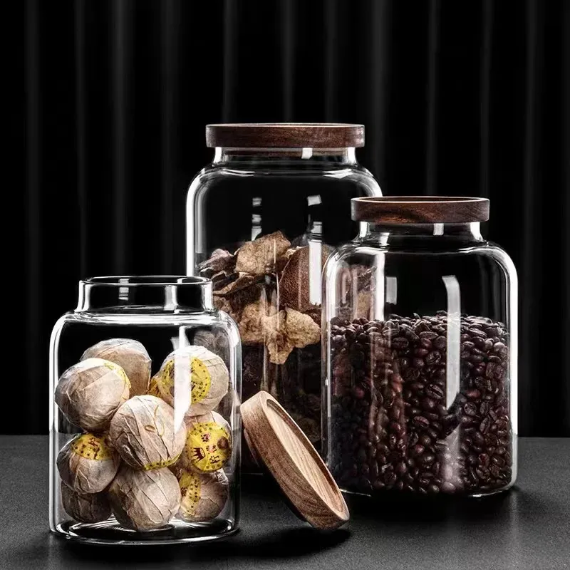 Food Storage Organization Sets 1200 3000 ML Large Capacity Glass Sealed Jar Lid Wood Cover Coffee Bean Organizer Kitchen Containers 231213