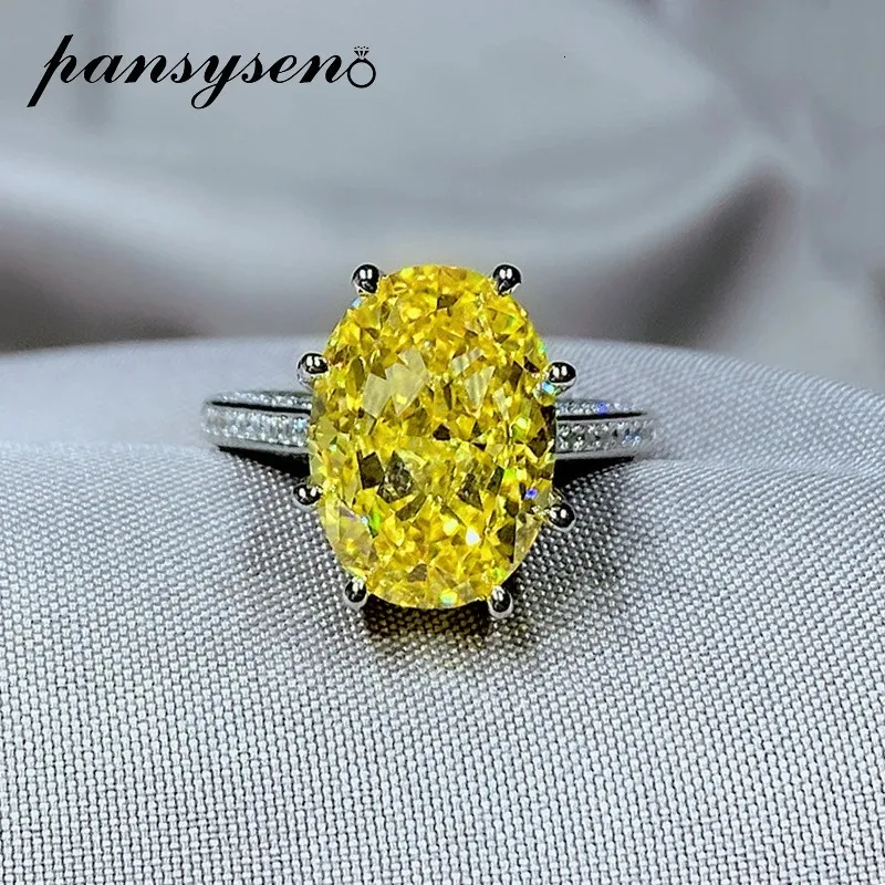 Pierścienie opaski Pansysen Classic 925 Srebrny Srebrny Owalny Cut Cytrynowy Diament Wysoki Węglowy dla kobiet Wedding Engagemert Pierścień Fine Jewelry 231212