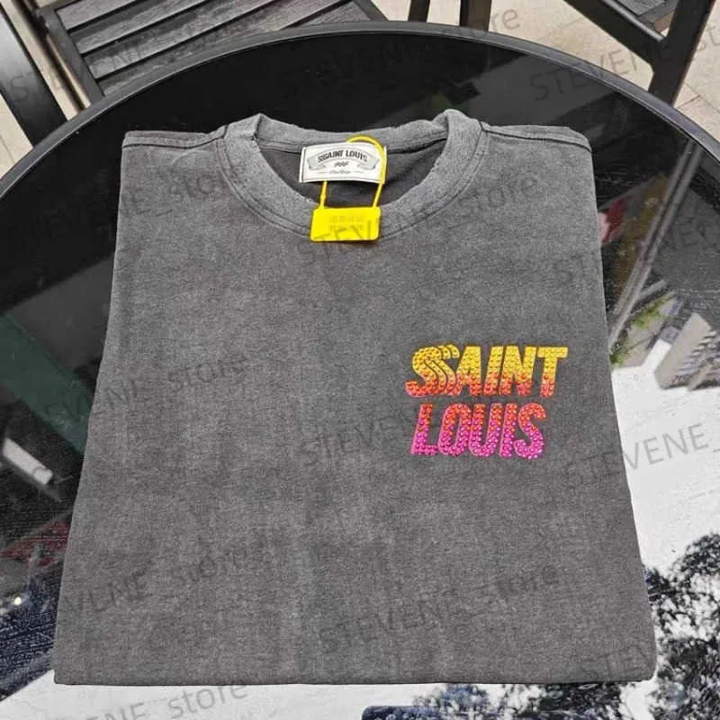 Heren T-shirts Oversized Saint Louis T-shirts Mannen Vrouwen 1 1 Hoge Kwaliteit Gewassen Destroy Tee Zonsondergang Kristal T-shirts T231214