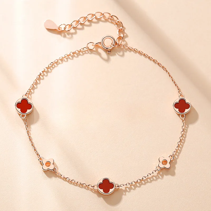 S925 Sterling Silver Clover Designer Pulseira Mulheres Meninas OL Charme Elegante Ágata Branco Vermelho Doce Flor Luxo Link Pulseiras Jóias