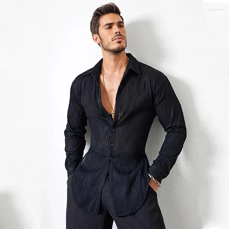 Palco desgaste masculino roupas de dança latina manga comprida camisa preta traje de competição de salão salsa chacha tops dnv16452