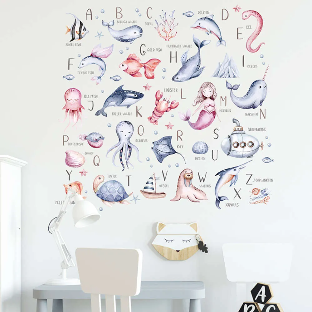 4sheets/set Watercolor Cartoon ABC English Alphabet Wall Stickers Underwater Creatures Sea Animals Kids Room Baby Nursery Room