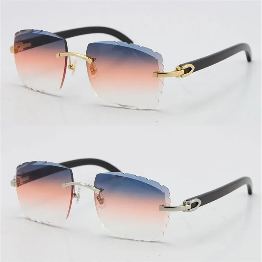 Satış 3524012 Rimless orijinal siyah bufalo boynuz güneş gözlüğü oyma lens unisex sürüş camları c dekorasyon altın metal çerçeve e270v