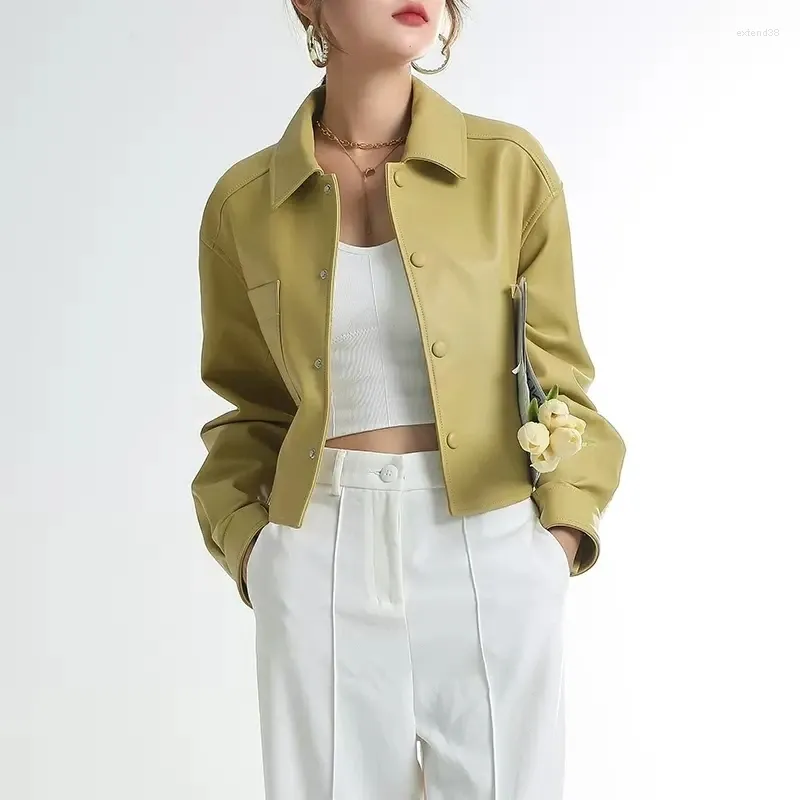 Veste d'automne en cuir de haute qualité pour femme, courte, Simple, ample, poche, Simple boutonnage, costume à revers pour moto en peau de mouton, 2023