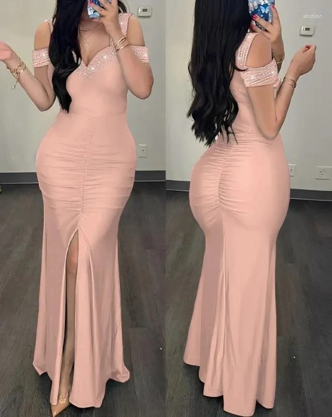 Casual Dresses Woman Sexy High Waist Evening Fashion Women's Clothes Rhinestone Cold Shoulder Slit Ruched Elegant Party Dress For Women
