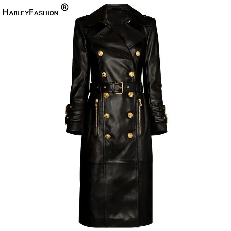 Women's Trench Coats Winter Luxury Design Double Breasted Black PU Leather Long Coats for Ladies Quality Street Women Trench with Belt 231213