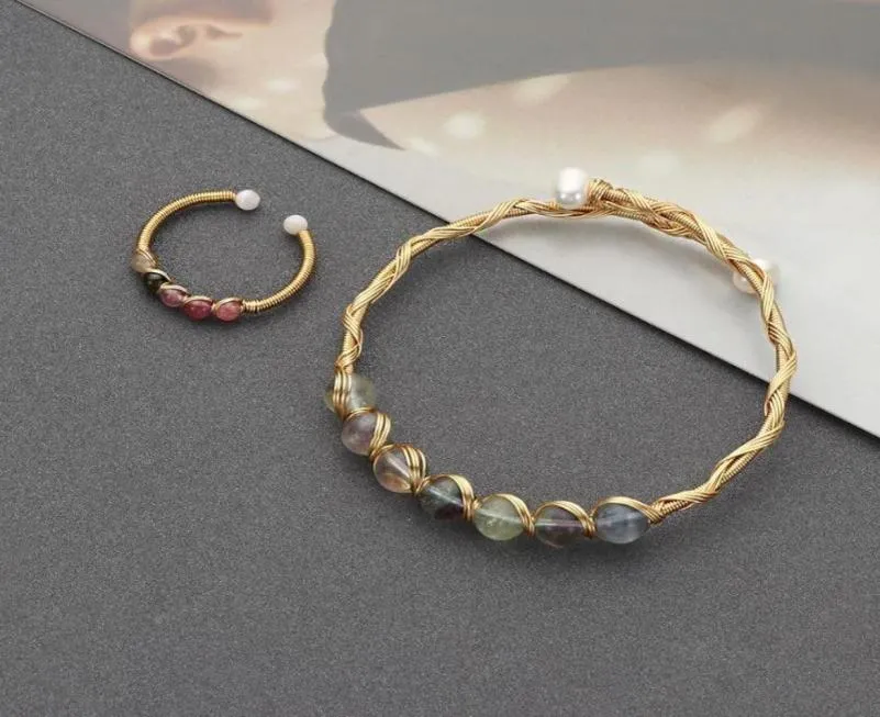 Orecchini Collana Gioielli Avvolgimento di filo metallico Bracciale placcato oro Bracciale con perline di pietra di cristallo Anello con tormalina Bracciale con fluorite per le donne3699974