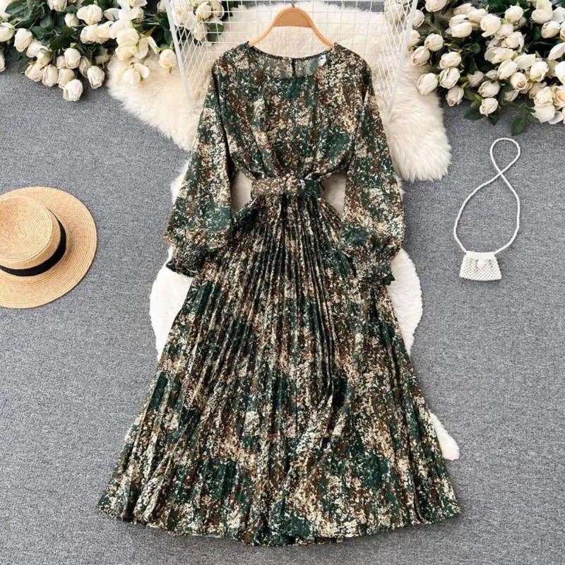 Casual jurken vintage bloemen geplooide jurk retro print maxi met lantaarn mouwen hoge taille riem dames A-lijn losse zoom herfstveer