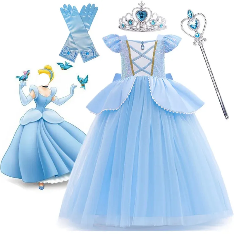 Girl's Dresses Cosplay Costume Kids Clothes for Girls Sequins Princess Dress with Crown Gloves Birthday Party Ball Gown 3-10 Years 231213