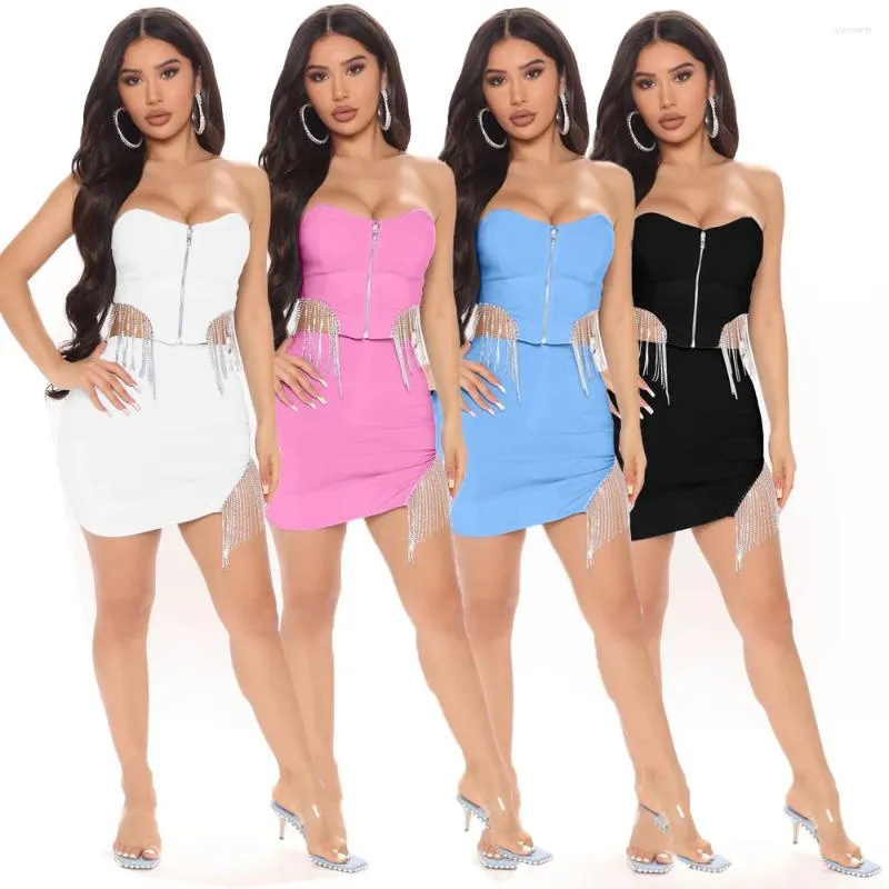 Robes de travail 2023 Summer Women's Set Logo personnalisé 2 pièces Ensembles courts Gland Strass Wrap Sexy Zipper Club Night Jupe Deux Pièces