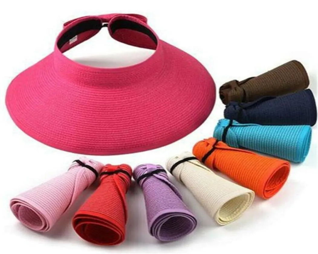 Cappello estivo da donna con visiera in paglia a tesa larga pieghevole da sole da spiaggia8590069