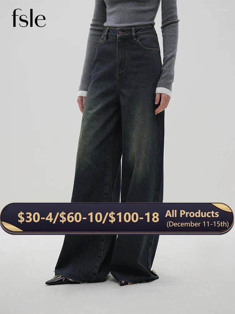 Pantaloni da donna FSLE American Vintage Washed Old Floor Sweeping Jeans a gamba larga Inverno 2023 larghi dritti per le donne