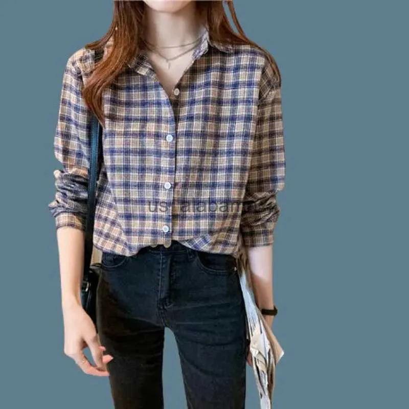 Kadınlar bluz gömlekleri Vintage All-Match Ekose Gömlek Kadın 2022 Bahar Kadın Giysileri Korece Basit Dönüşü Köprü Kılıf Sıradan Bozlar YQ231214