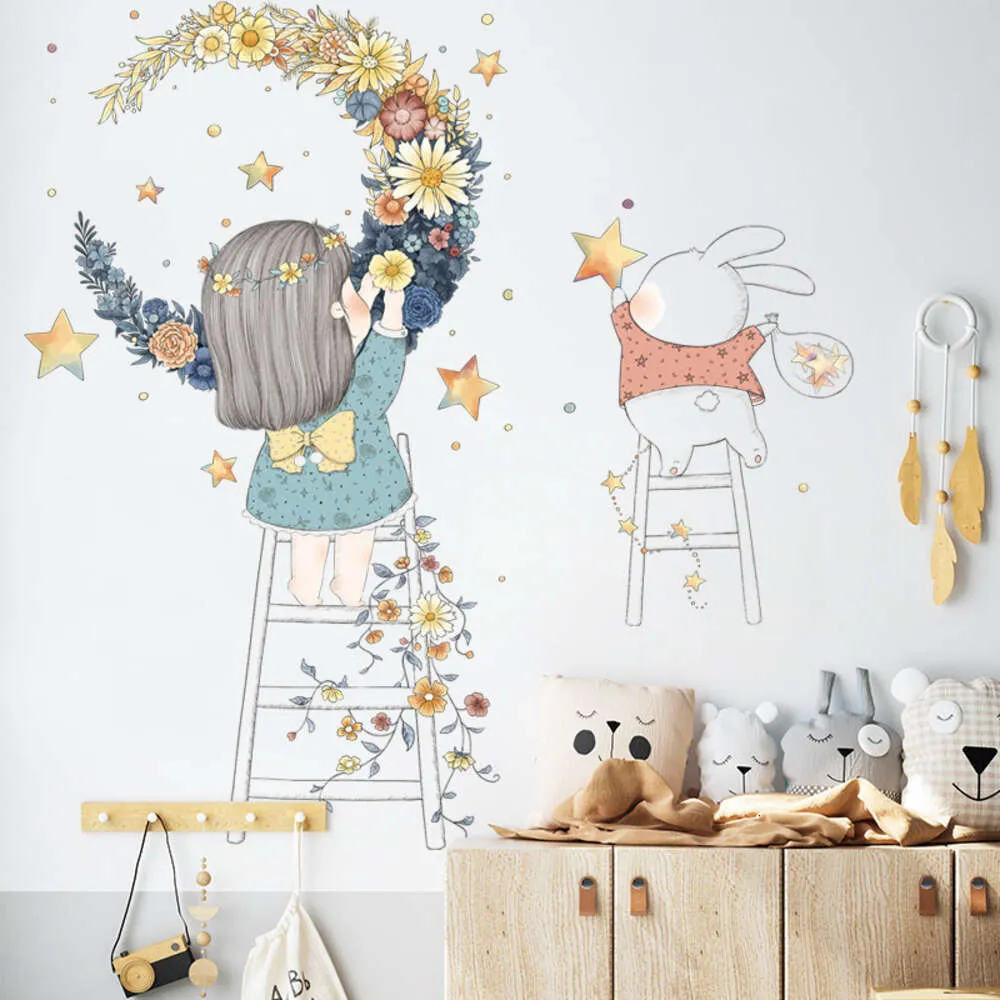 Ragazza in stile cartone animato e coniglietto sulla scala Adesivi murali con fiori e stelle lunari Decalcomanie da muro per camera da ragazza Adesivi decorativi per la casa