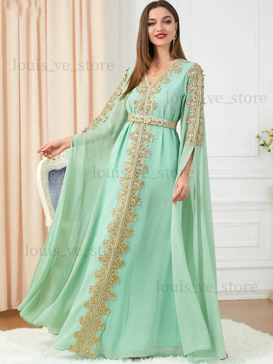 Vestidos sexy urbanos da mulher vestido de noite elegante manga longa chiffon vestido de festa bordado floral painel de renda com cinto jilbab abaya marroquino caftan t231214