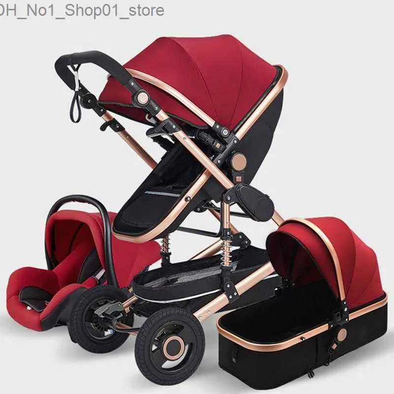 Poussettes # Poussettes # Multifonctionnel 3 en 1 bébé poussette de luxe Portable haut paysage 4 roues chariot pliant or né Q231215