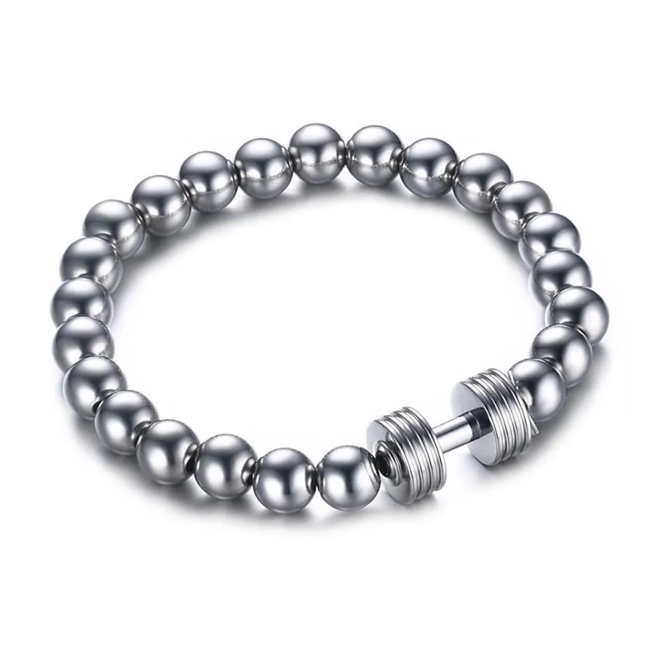 Bracciale con ciondolo con manubri in acciaio inossidabile argento da uomo con catena di perline da 8 mm Gioielli fitness Power Gym295k