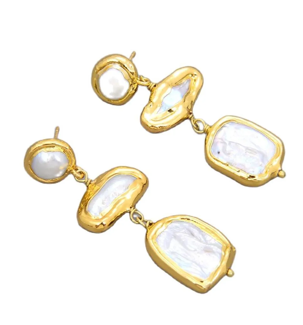 Guaiguai smycken gul guld färg pläterad naturlig sötvatten biwa pärlt fyrkantiga pärlörhängen handgjorda för kvinnor riktiga ädelstenar sten l3797843