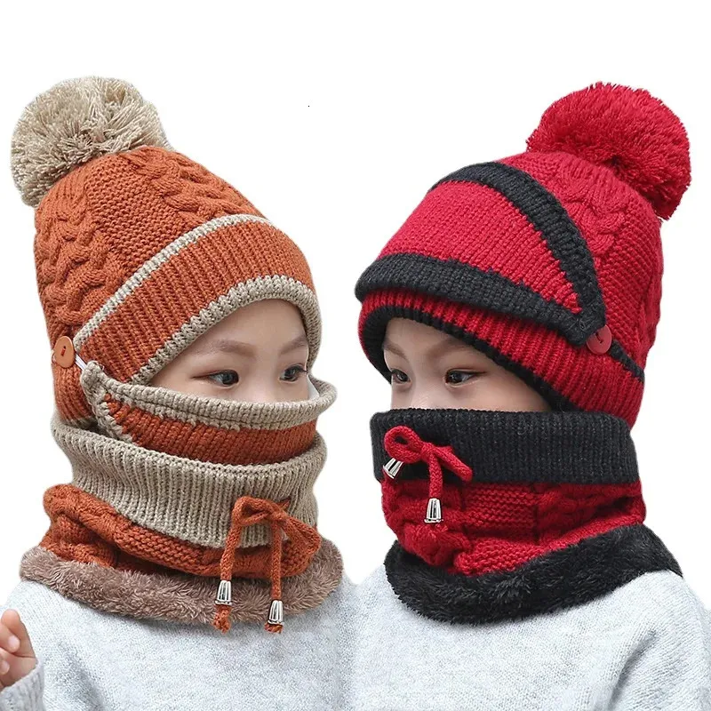 Casquettes Chapeaux Hiver Enfants Filles Tricot Bonnet Écharpe Masque Ensemble Doux Chaud Doublé Polaire Ski Chapeau avec Accessoires Pompon 28 Ans 231213