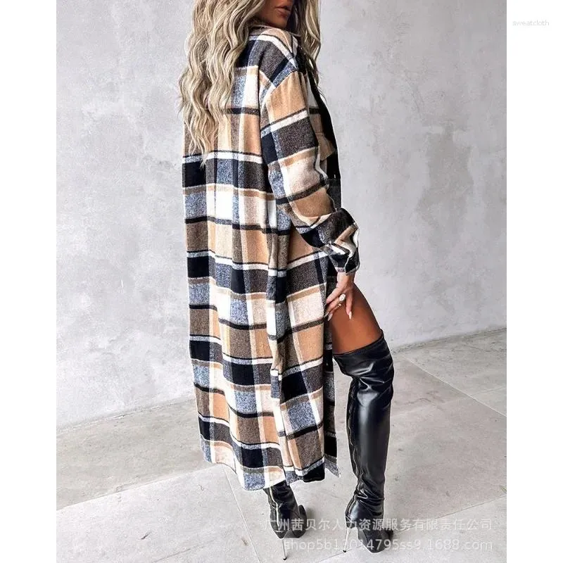 Women's Trench Coats Shirt Jackets Casual Buttoned Pocket Design Trend Flannel Long Coat Women Autumn Plaid Longline Outwear