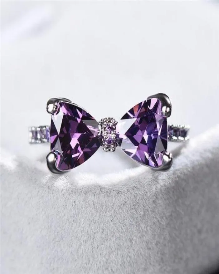 Anelli a grappolo Anello femminile con fiocco in zircone viola Anello in argento 925 riempito di fidanzamento Gioielli bohémien semplici e raffinati2395220