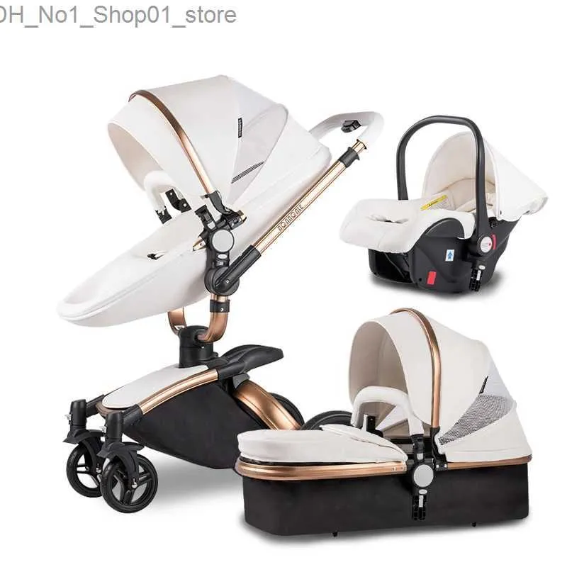 Strollers Luxury Baby Stroller 3 in 1 PU leather carriage High Landscape Strolle Folding strollers Eggshell Newborn baby pram kinderwagen Q231215