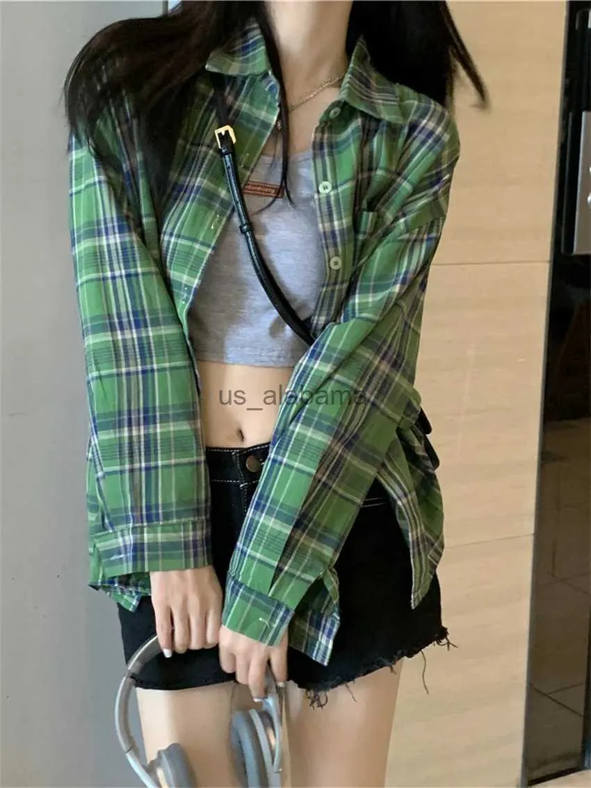 Women's Blouses Shirts PLAMTEE Green Plaid Shirt Women Vintage Loose Full Sleeve Office Lady 2023 All Match New Autumn 2023 Daily Work Wear Casual YQ231214