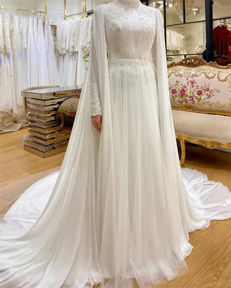 long cape sleeve dress muslim Muslim Wedding Dress with Cape Long Sleeves Beading Plus Size Satin Bridal Gowns fg6020