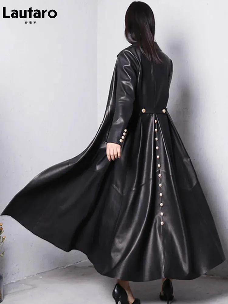 Women's Trench Coats Lautaro Autumn Long Skirted Red Black Faux Leather Trench Coat for Women Double Breasted Elegant Luxury Fashion 4xl 5xl 6xl 7xl 231213