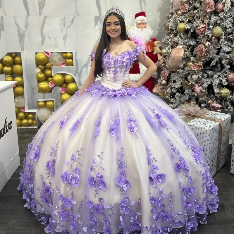 Lavendelfarbenes, schulterfreies Ballkleid für Mädchen, Quinceanera-Kleider mit Perlen, 3D-Blumen, Geburtstagsparty-Kleider, Schnürung am Rücken, Abschlussfeier