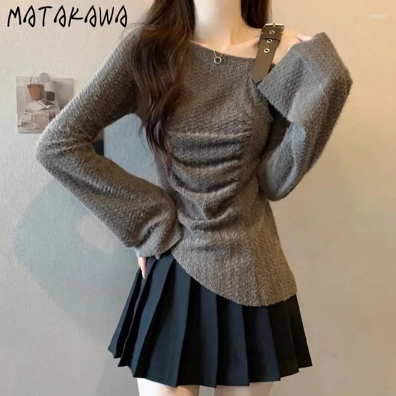 Женские свитера Matakawa Y2k с расклешенными рукавами, осенне-зимняя одежда, женские однотонные пуловеры с открытыми плечами, корейская мода, винтажные пуловеры