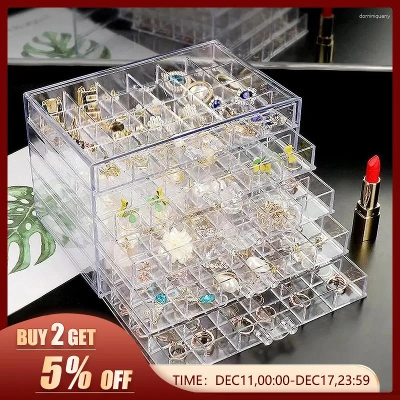 Sieraden zakjes oorrangbox acrylopslag damesring display met 5 laden en 120 kleine compartimentenbakken
