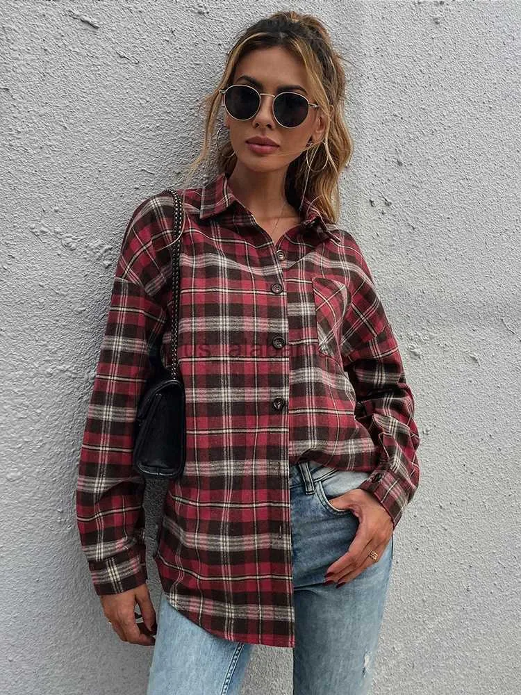 Kvinnors blusar skjortor Autumn Women Vintage Loose Red Plaid Casual Shirts Female Turn-Down Collar Long Sleeve Blue with Button Outwear Clothing YQ231214