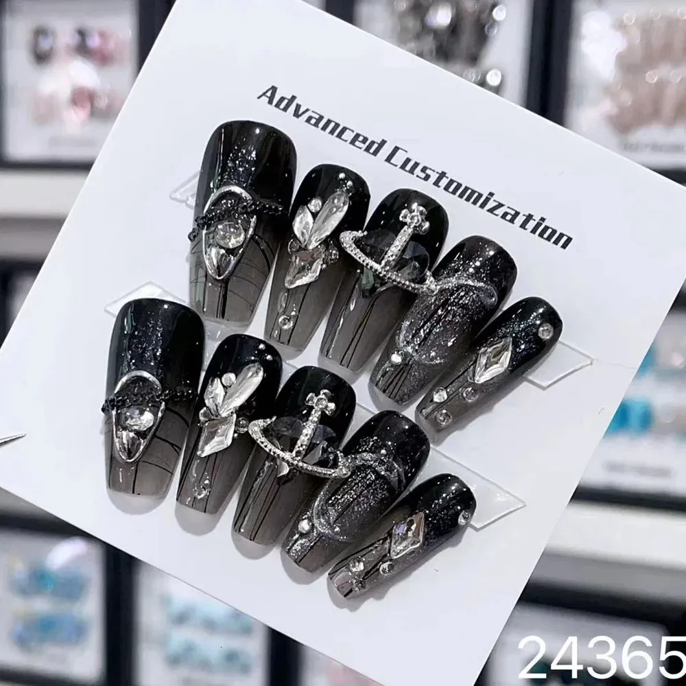 Unhas Falsas Artesanais Prensa Preta em Unhas Y2k Luxo Punk Design Reutilizável Adesivo Falsificado Unhas Francesas Caixão Longo Acrílico Manicure Artificial 231214