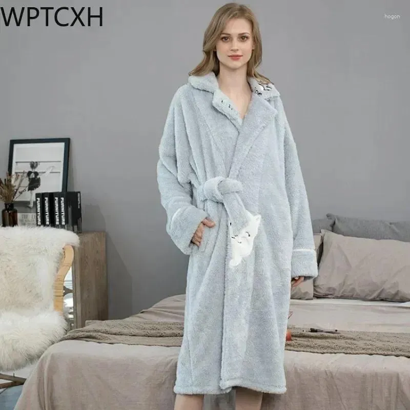 Kadın pijamaları pijamas mercan kadife gece giysileri kadınlar kış ekstra kalın uzun ev kıyafeti sıcak pazen tutun gecelik sevimli bornoz pijamaları